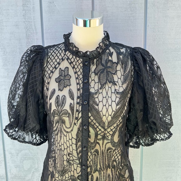 Story On Lace Sheer Balloon Sleeve Blouse Top Short Sleeve Black - Picture 5 of 12